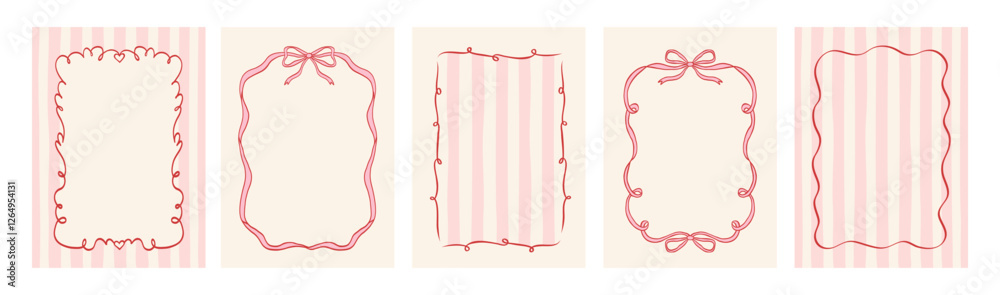 Set of vintage hand drawn frames with whimsical lines, bows, ribbons in coquette style. Vector elegant minimalist line art borders. Template for poster, banner, wedding invitation, birthday card.