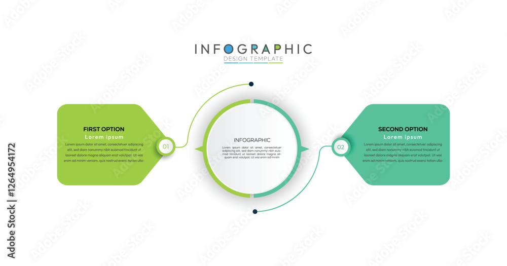 Minimal Business Infographics template. two steps are arranged horizontally, one on each side of a central circle. This creates a balanced and symmetrical presentation. Simple flat infographic vector
