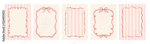 Set of vintage hand drawn frames with whimsical lines, bows, ribbons in coquette style. Vector elegant minimalist line art borders. Template for poster, banner, wedding invitation, birthday card. photo