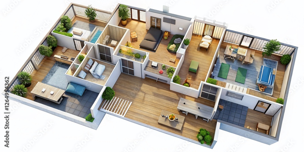 Naklejka premium Isometric 3D Rendering: Second Floor House Plan - Bedrooms, Bathrooms, Storage