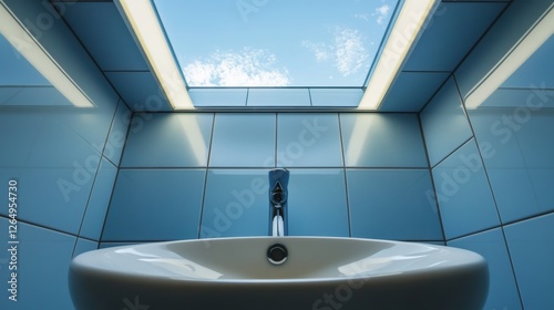 A spotless sink featuring a lustrous faucet viewed from below photo