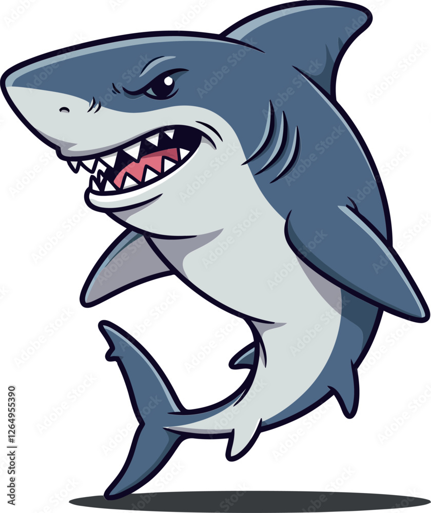Fototapeta premium Happy cartoon shark jumping with a smile in flat vector art