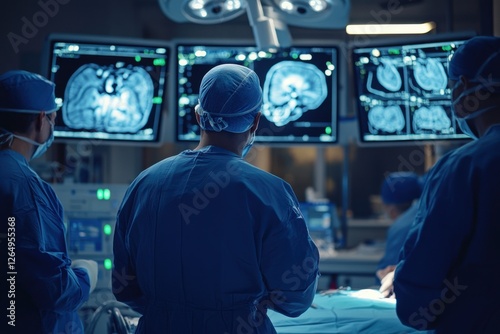 An operating room full of modern equipment for neurosurgery. A surgeon briefs his team before the operation. 