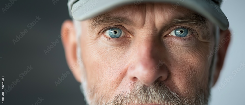 Obraz premium Close-up portrait of a middle-aged man's face. he is wearing a white baseball cap and has a serious expression on his face. his eyes are blue and his eyebrows are furrowed.