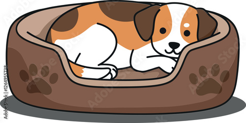 Cute dog resting comfortably in a cozy dog bed flat vector art
