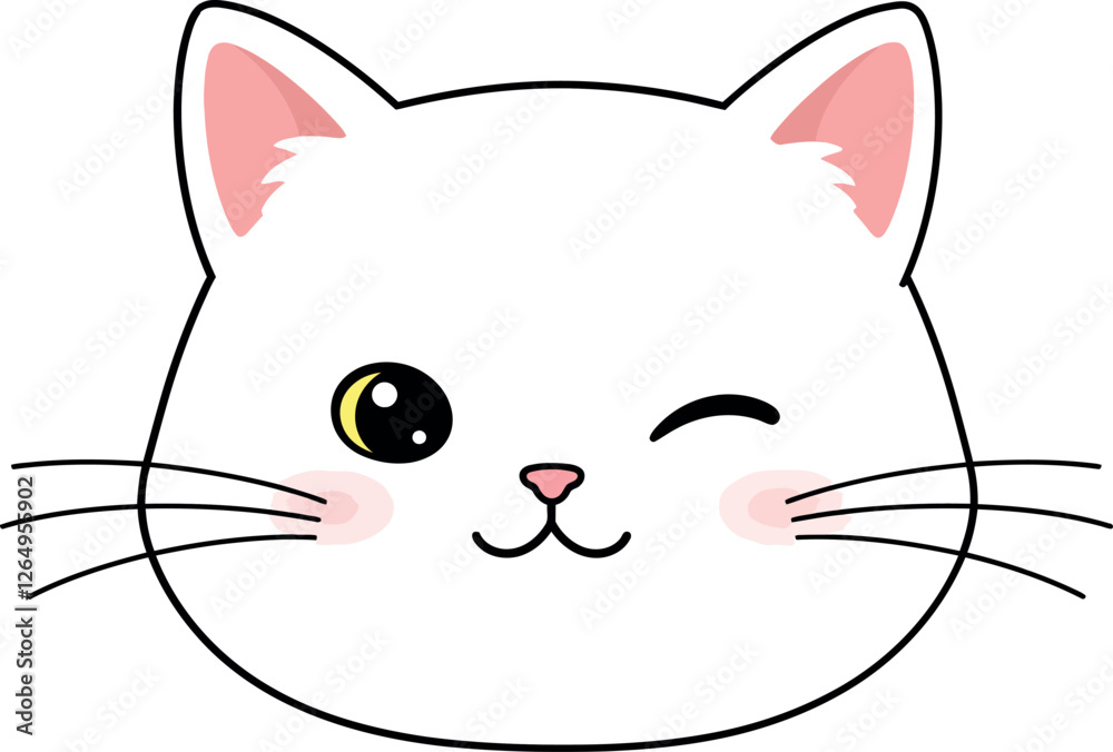 Cute white cat face with playful expression in flat vector art Cute white cat face with playful expression in flat vector art