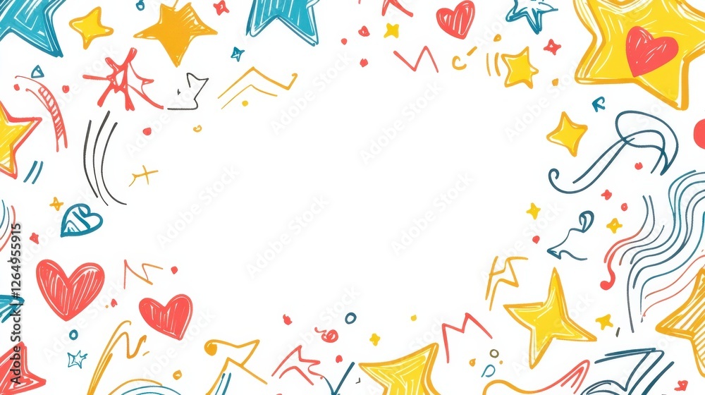 Obraz premium Colorful doodle border of stars and hearts with an empty center design