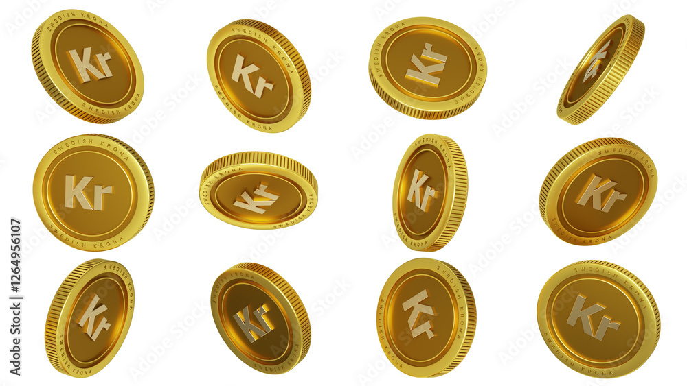 3D rendering of set of abstract golden Swedish krona coins concept in different angles. krona sign on golden coin isolated over transparent background 3D rendering of set of abstract golden Swedish krona coins concept in different angles. krona sign on golden coin isolated over transparent background