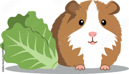 Cute guinea pig with fresh lettuce in flat vector art