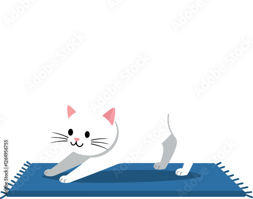 White cat stretching on blue rug in flat vector illustration