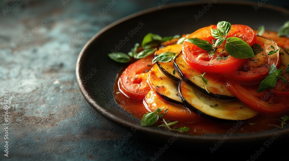 A vibrant plate of Ratatouille with layered tomatoes, eggplant, and zucchini, garnished with fresh herbs. Perfect for food photography, vegetarian cuisine promotions, and healthy eating ads A vibrant plate of Ratatouille with layered tomatoes, eggplant, and zucchini, garnished with fresh herbs. Perfect for food photography, vegetarian cuisine promotions, and healthy eating ads