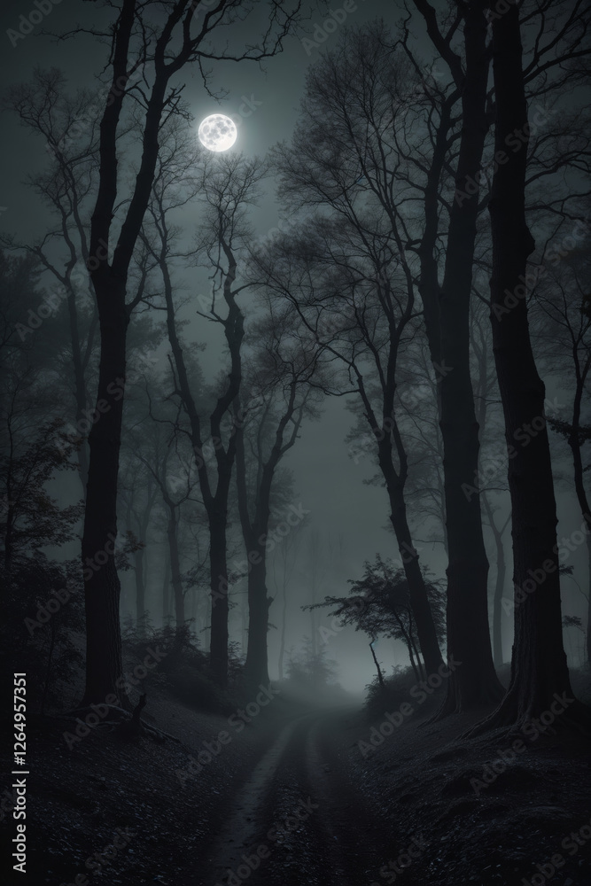Fototapeta premium Full moon shining over a dirt road in a dark and foggy forest