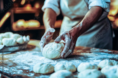 A baker's hands shaping dough on a floured wooden surface in an African artisan bakery, surrounded by a blurry image of the bakery.