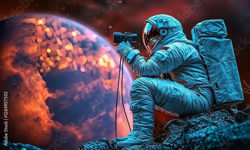 Astronaut capturing breathtaking views of distant planet during space exploration