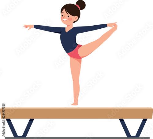 Gymnast performing balance beam routine in flat vector art