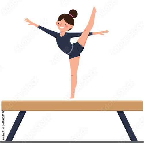 Gymnast performing an elegant balance pose on a beam in vector art