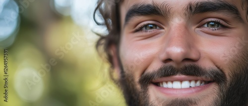Close-up portrait of a young man's face. he has a full beard and mustache, and his eyes are looking directly at the camera with a slight smile.