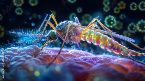 A high-resolution image of an Aedes aegypti mosquito on human skin, with a microscopic view of the virus particles emerging from the mosquitos mouthparts  photo