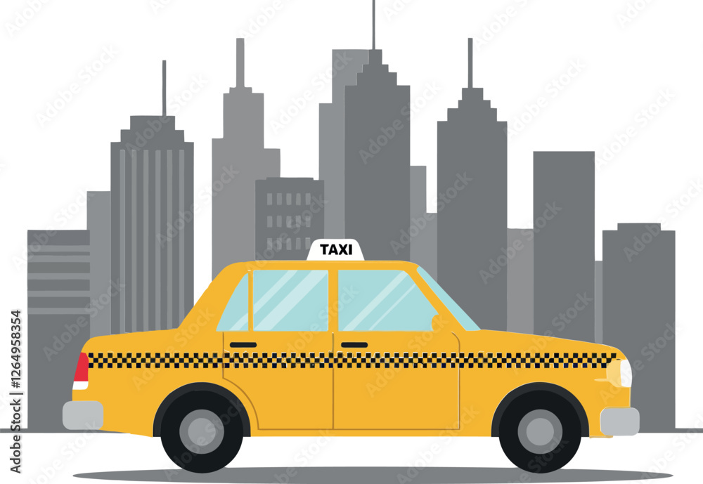Naklejka premium Yellow taxi cab driving through a city skyline in flat vector art