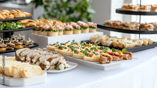 Obraz na płótnie A variety of delicious, colorful appetizers displayed on white table during a catered event. w salonie