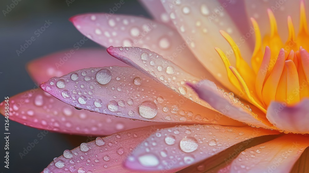 Fototapeta premium Close-Up of Dew Drops on Vibrant Lotus Petal with Intricate Texture