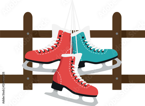 Ice skates hanging on a wooden fence in flat vector art