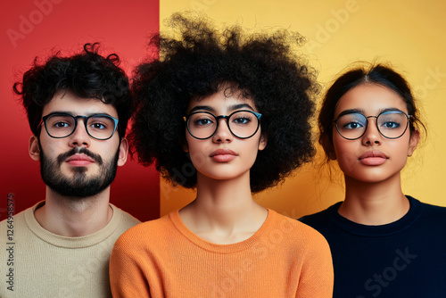 Contemporary portrait of three young people of different ethnicities, two women and a man, fashionably dressed in multi-colored clothes.