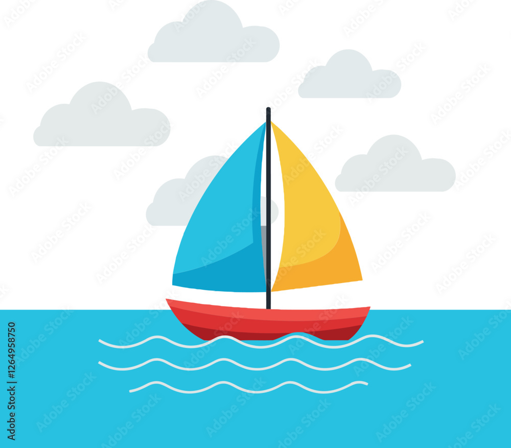 Fototapeta premium Colorful sailboat on water with clouds in flat vector illustration