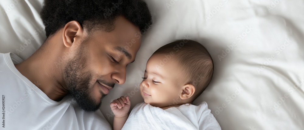 Father and his baby lying on a white bedsheet. the father is on the left side of the image, with his head resting on the baby's chest. he is wearing a white t-shirt and has a beard. Father and his baby lying on a white bedsheet. the father is on the left side of the image, with his head resting on the baby's chest. he is wearing a white t-shirt and has a beard.