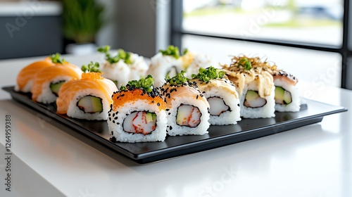 Assorted sushi rolls on a black platter, garnished with fresh greens, in a bright setting. photo