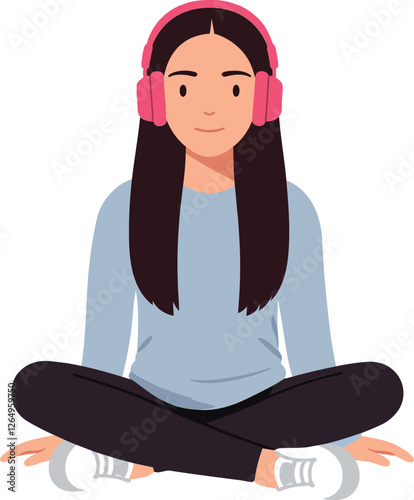 Young woman meditating with headphones in a flat vector illustration