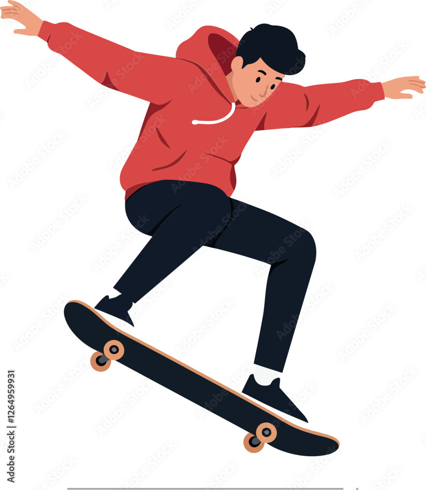 Fototapeta premium Skateboarder performing a trick in a flat vector illustration