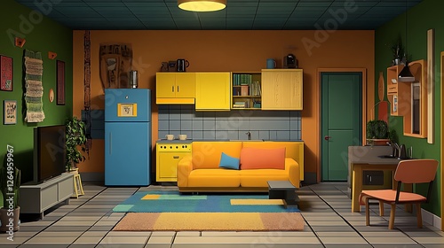 Retro Apartment Kitchen: A Cozy 3D Rendered Interior Scene AI Generated