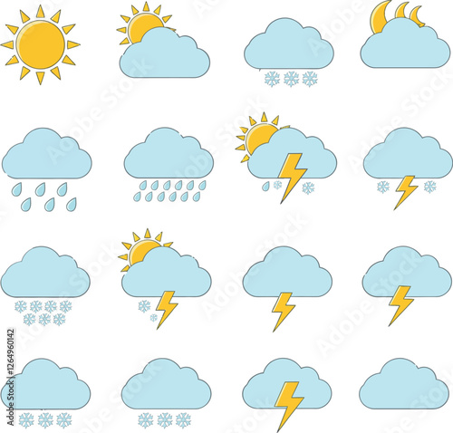Weather icons showing changes from sunny to stormy in flat vector art