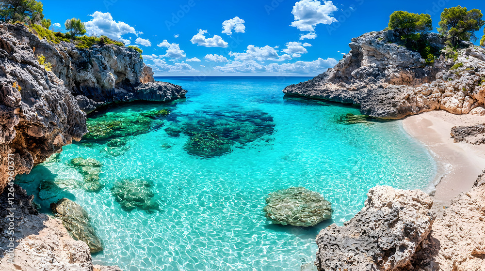 Secluded cove, turquoise water, sunny beach, rocky cliffs, summer vacation (1) Secluded cove, turquoise water, sunny beach, rocky cliffs, summer vacation (1)