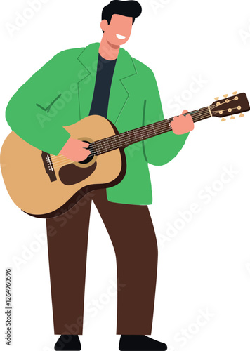 Guitar player in green jacket performing music in flat vector illustration