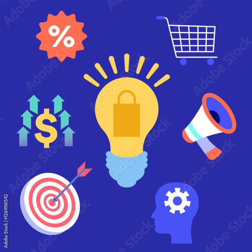 Business idea increasing sales and profits with shopping bag light bulb and marketing tools