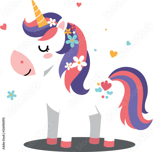 Cute unicorn character with colorful mane in flat vector art