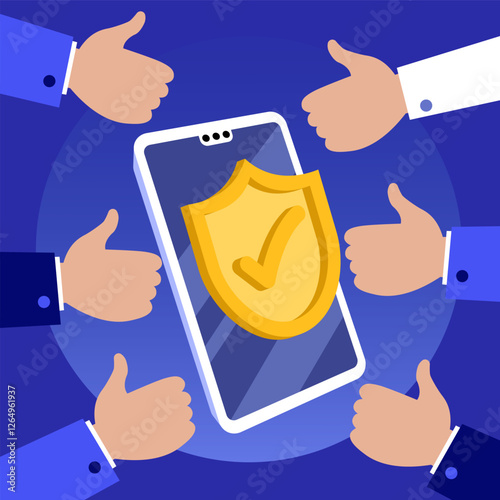 Businessmen approving mobile phone security with thumbs up