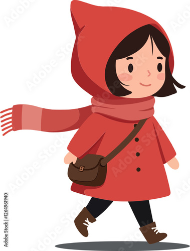 Young girl in red coat walking happily in flat vector art
