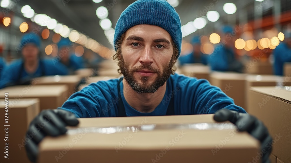 Fototapeta premium Focused Warehouse Worker Amidst Cardboard Boxes
