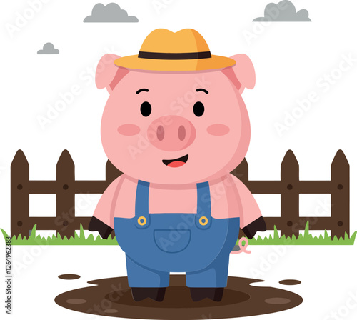 Happy cartoon pig wearing a yellow hat in flat vector art