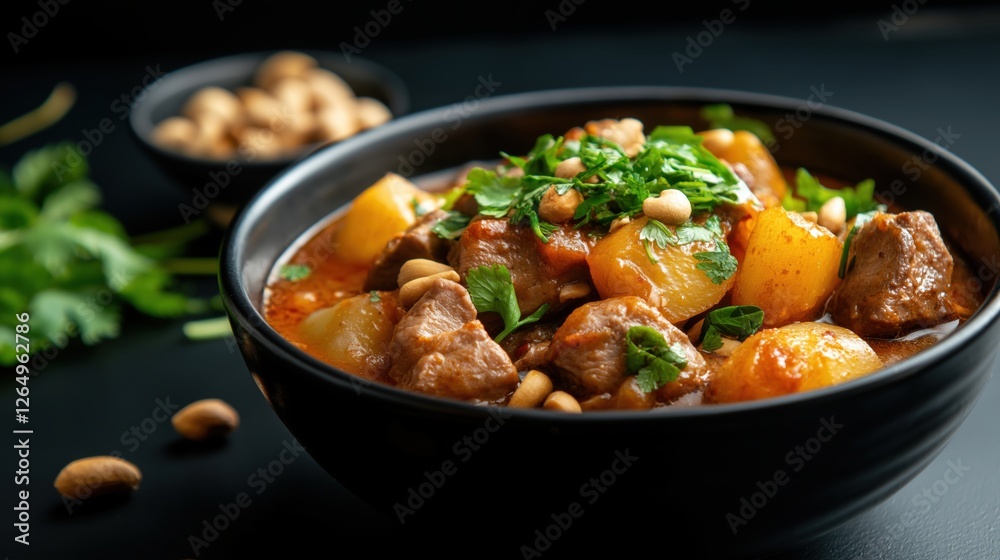 A bowl of Massaman curry with tender meat, potatoes, and onions, topped with fresh cilantro and peanuts. Perfect for food photography, Thai restaurant menus, and hearty meal promotions. A bowl of Massaman curry with tender meat, potatoes, and onions, topped with fresh cilantro and peanuts. Perfect for food photography, Thai restaurant menus, and hearty meal promotions.