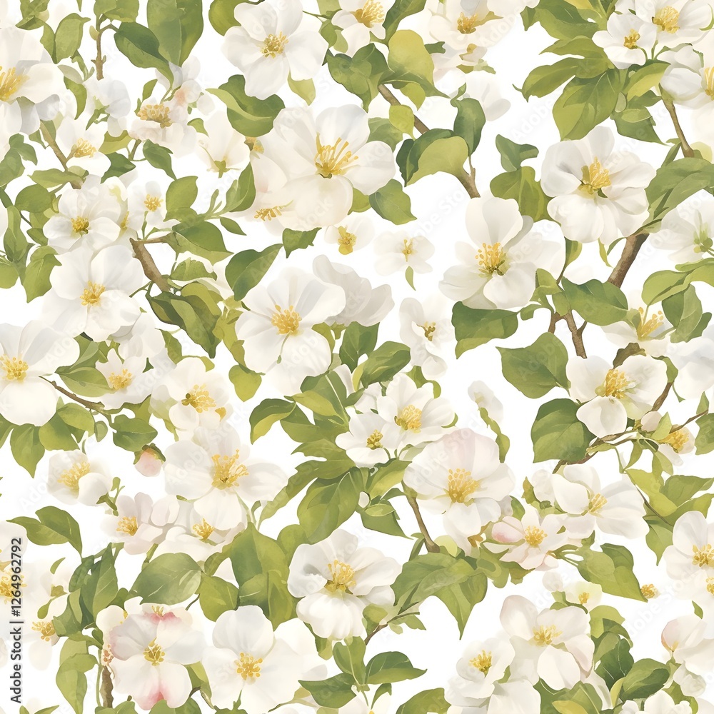 Obraz premium Seamless pattern of watercolor apple blossoms with soft pastel flowers and leaves