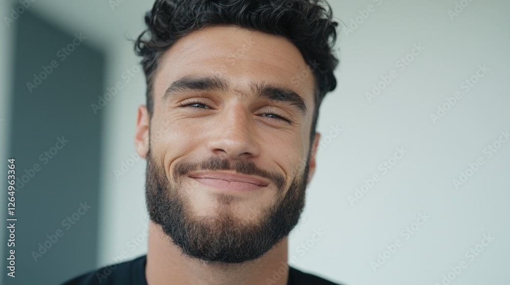 Smiling man with curly hair and beard in bright indoor space expressing joy and confidence during a casual moment Smiling man with curly hair and beard in bright indoor space expressing joy and confidence during a casual moment
