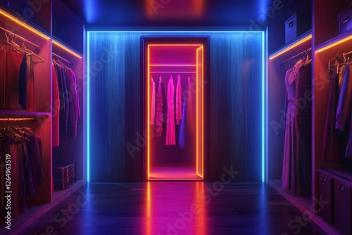 room with a door and a long hallway with clothes hanging on racks