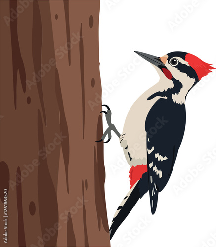 Woodpecker climbing a tree trunk in flat design style vector art