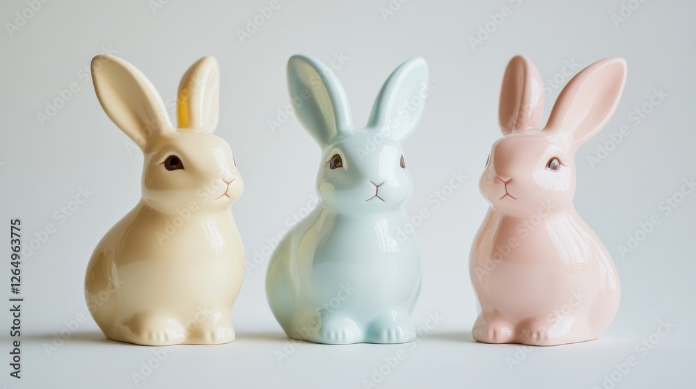 Obraz premium Pastel-colored porcelain bunny figurines in yellow, blue, and pink