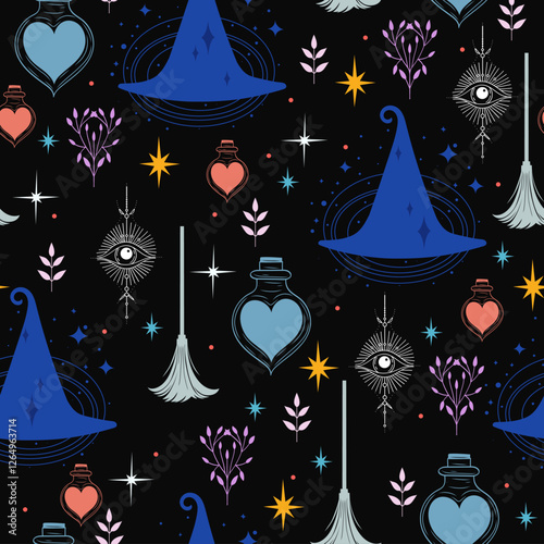 Seamless vector pattern with witch's hats, broomsticks, mushrooms, pentagrams, potions, and crystals. Pastel color witchy mystical background.