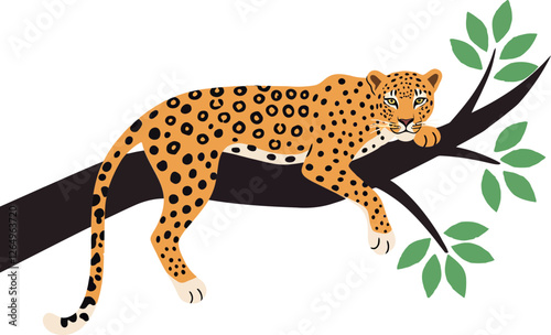 Leopard resting on branch with green leaves in flat style vector illustration